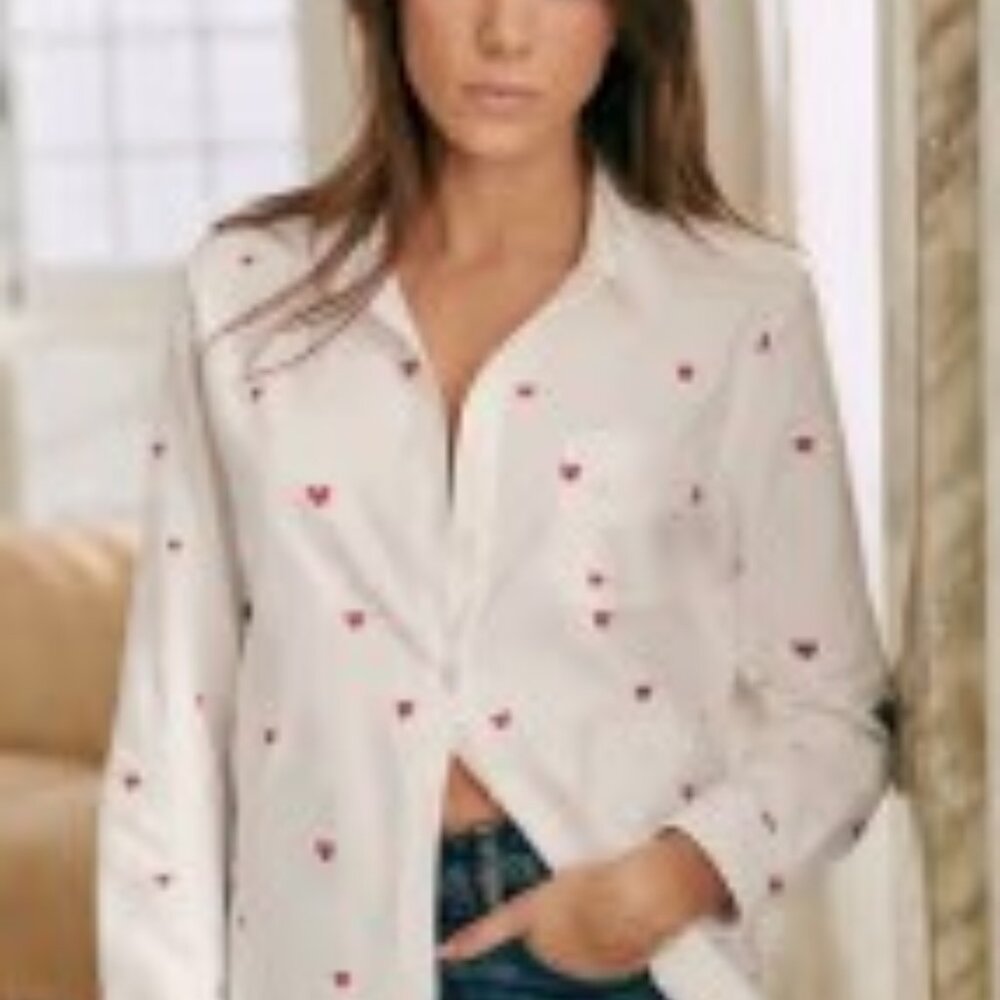 Sezane Tomboy in Ecru Cotton with Red Embroidered Hearts, Size 14, Like New